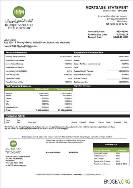 Modèle Word et PDF de relevé hypothécaire de la Banque Populaire de Mauritanie (BPM) de Mauritanie